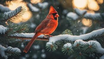 Red Cardinal Perched on Snow Covered Pine Branch During Winter Sunset photo