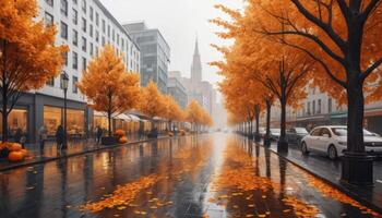 Rainy Autumn Street Scene With Orange Trees photo