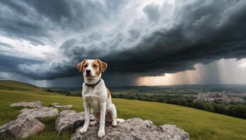 Dog Sits on Rock Under Dramatic Storm Clouds photo