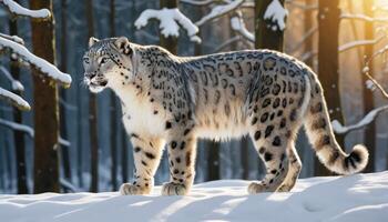 Snow Leopard In Snowy Forest At Sunrise photo