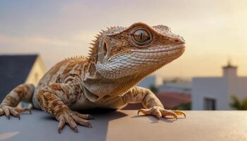 Brown Lizard on Gray Surface at Sunset photo