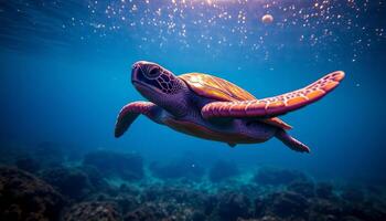 Pixelated Sea Turtle Swimming Underwater in a Vibrant Ocean photo
