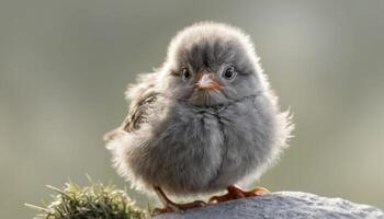 Fluffy Gray Baby Bird on Rock in Soft Sunlight photo