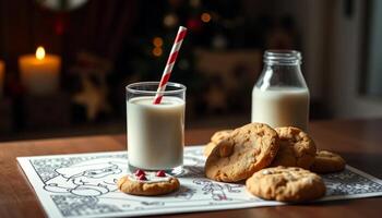Warm Christmas Cookies and Milk on Wooden Table photo