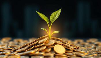 Growing Plant On Stack Of Golden Coins photo
