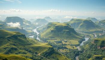 Panoramic View Of Lush Green Valley With Winding River And Rolling Hills photo