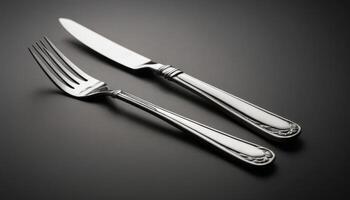 Elegant Silver Knife and Fork on a Dark Textured Background photo