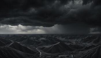 Dramatic Thunderstorm Clouds Over Rugged Mountains and Distressed Valley Landscape photo