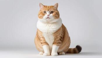 Fluffy Ginger Cat With Distinctive White Neck Sitting Against A Light Gray Background photo