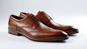 Elegant Brown Dress Shoes with Intricate Detailing on a Light Grey Background photo