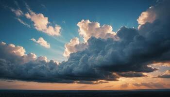 Dramatic Sunset Sky with Sun Rays Peeking Through Dark Clouds Over Expansive Landscape photo