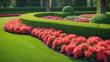 Formal Garden Design With Red Flowers And Green Hedges photo
