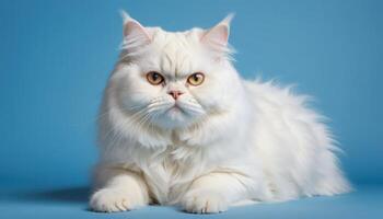 Fluffy Cat Portrait Against Solid Color Background With Focus On Detail And Animal Features Close Up Calm Pet Portrait Studio Shot Elegant Mammal Portrait Against Light Blue Background Lying photo
