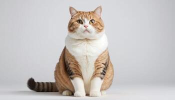 Fluffy Ginger Cat with White Chest Sitting Against a Soft Gray Background photo