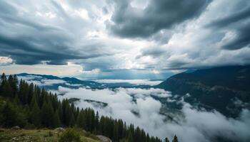 Dramatic Mountain Landscape with Overcast Sky and Fog photo