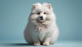 Fluffy White Puppy Portrait Against Light Blue Background photo