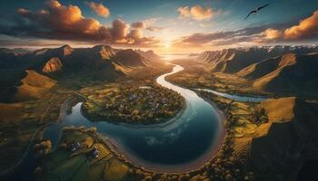 Aerial View of Serene River Valley at Sunset photo