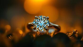 Closeup of Sparkling Diamond Ring in Golden Light photo