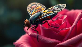 Colorful Fly on Pink Rose Closeup Macro Photography photo