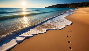 Golden Sunset Beach Scene with Footsteps photo