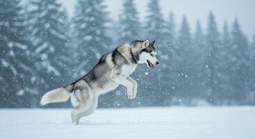 Grey And White Husky Dog Jumping In Snowy Forest Winter photo