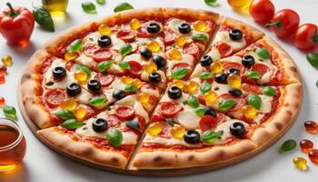 Gourmet Pizza With Colorful Jelly And Olives photo