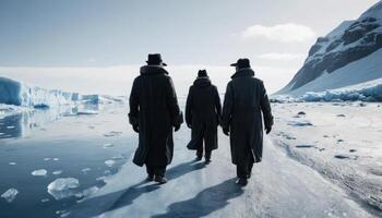 Group Of Men Walking On Ice Glacier In Snowy Landscape photo