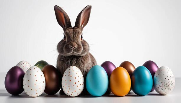 gris conejito con vistoso Pascua de Resurrección huevos en blanco antecedentes foto
