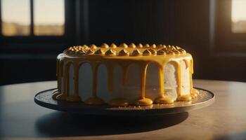 Golden Yellow Frosted Vanilla Cake on Cake Stand photo