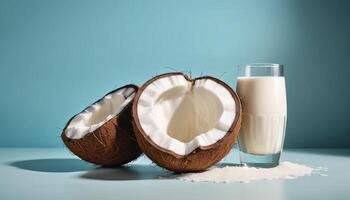 Halved Coconuts and Glass of Coconut Milk on Blue Background photo