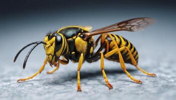 Closeup Of Striped Wasp On Gray Surface photo