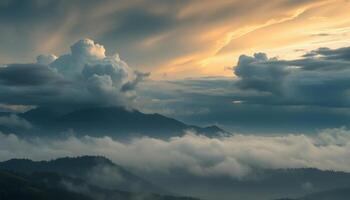 Misty Mountain Sunset with Dramatic Clouds and Golden Light photo