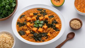 Overhead View of a Delicious Sweet Potato and Kale Curry with Rice photo