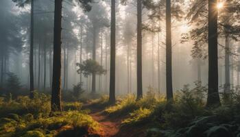 Misty Sunrise in a Pine Forest photo
