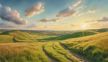 Sunset Over Rolling Hills And Meadows With Lush Grassy Fields and Panoramic Views and Scenic Horizon Line And Clouds and Golden Light on Green Meadows and Hills and Valley and Nature and Countryside photo