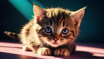 Playful Tabby Kitten with Striking Blue Eyes Bathed in Soft Light on Colorful Background photo