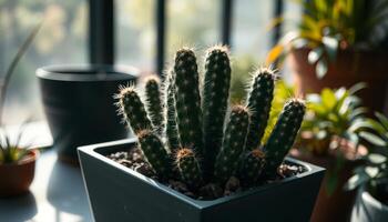 Dark Grey Potted Cactus Plant In A Home photo