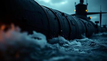 Dark Submarine Emerging From Rough Water at Night photo
