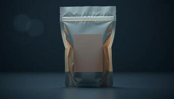 Metallic Foil Food Pouch With Blank Label On Dark Background photo