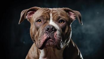 Powerful Brown and White Pitbull Portrait Against Dark Background photo