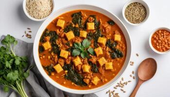 Overhead Shot of a Savory Vegetarian Curry with Polenta and Spinach photo