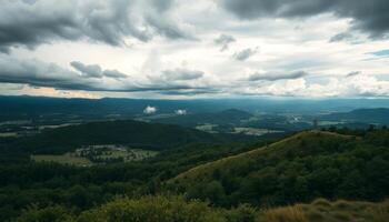 Expansive Mountain Valley Landscape Under a Dramatic Overcast Sky photo
