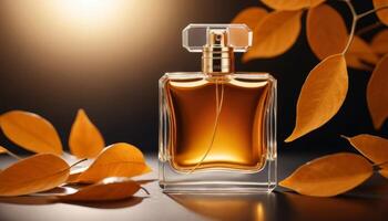 Amber Perfume Bottle with Autumn Leaves and Warm Lighting photo