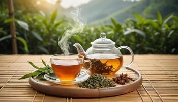 Steaming Cup of Tea on Wooden Tray with Lush Green Background photo
