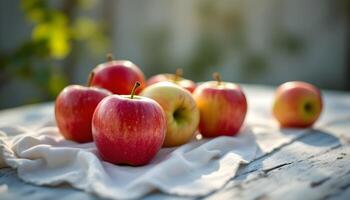 Apples on a cloth on a table photo