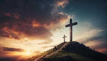 Sunset Silhouette of Two Crosses on a Hilltop photo