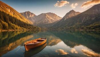 Serene Landscape with a Wooden Boat Floating on Calm Waters Surrounded by Majestic Mountains photo
