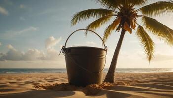 Empty Metal Bucket On Sandy Tropical Beach At Sunset photo
