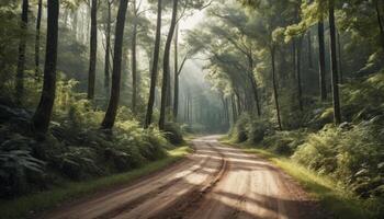Sunlit Forest Path Through Lush Trees photo