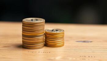 Gold Cryptocurrency Coin Stacks On Light Brown Wooden Table photo